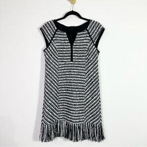 Nanette Lepore Black White Tweed Wool Cotton Blend Cap Sleeve Shift Mini Dress